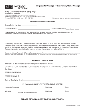 Request for Change of Beneficiary/Name Change