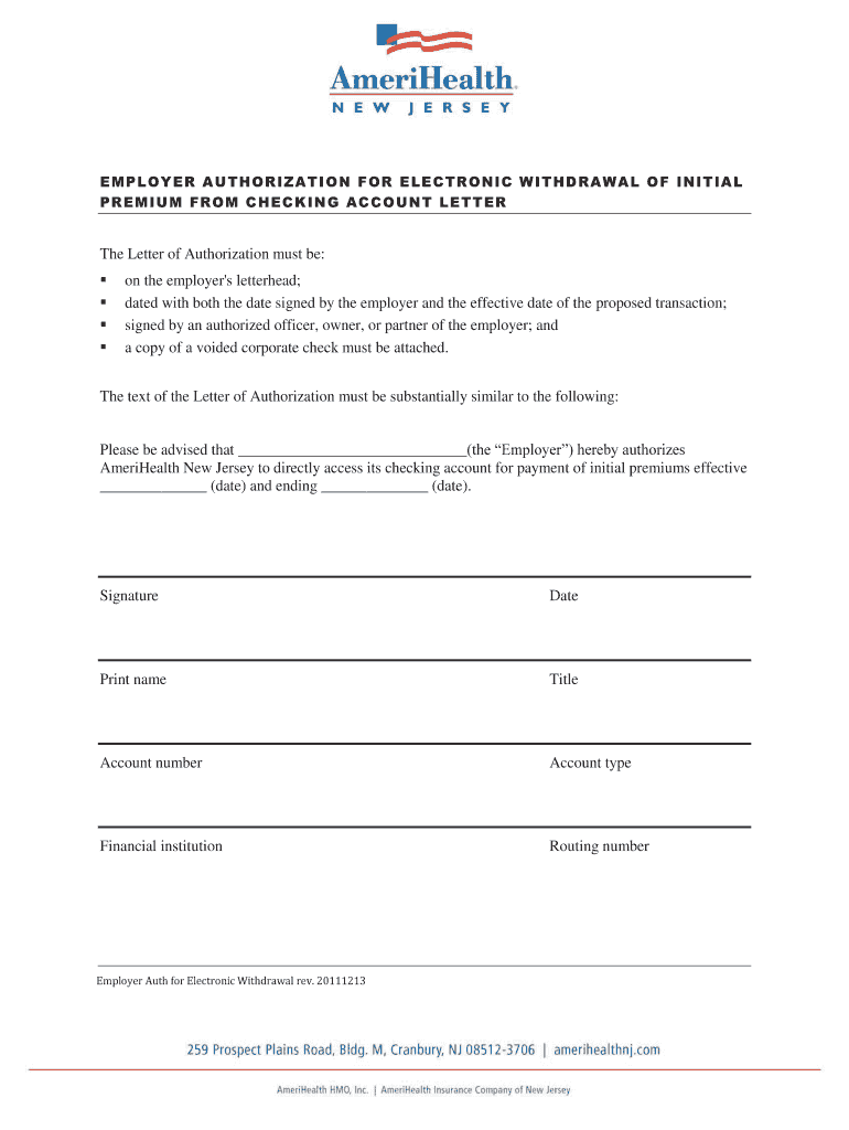 Fillable Online Employer Authorization for Electronic Withdrawal of