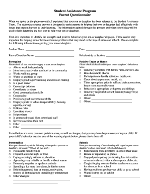 Student Assistance Program Parent Questionnaire