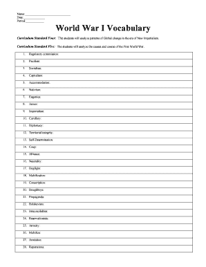 World War I Vocabulary Worksheet