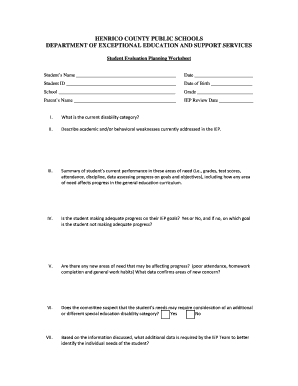 Student Evaluation Planning Worksheet