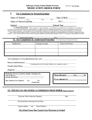 Jefferson County School Medication Order Form