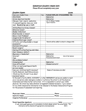 Elementary Student Health Information Form