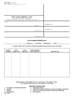 US Bankruptcy Court Exhibit List Form