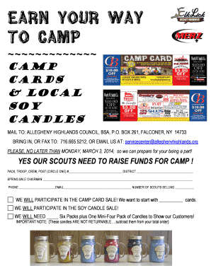 Scout Camp Card and Candle Sale Form