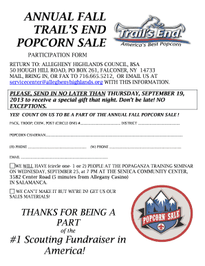 Annual Fall Popcorn Sale Participation Form