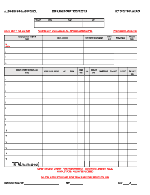 Boy Scouts of America Summer Camp Troop Roster