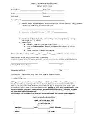 Donna Child Nutrition Program Dietary Order Form