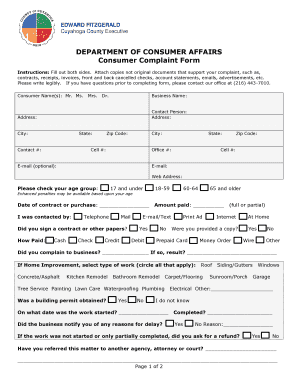 Cuyahoga County Consumer Complaint Form