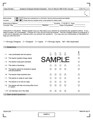 Class Climate Academic Employee Student Evaluation Form E
