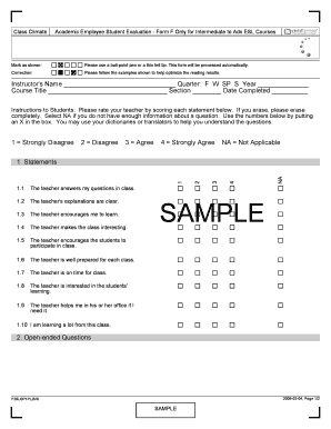Class Climate Academic Student Evaluation Form