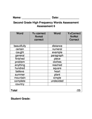 Second Grade High Frequency Words Assessment
