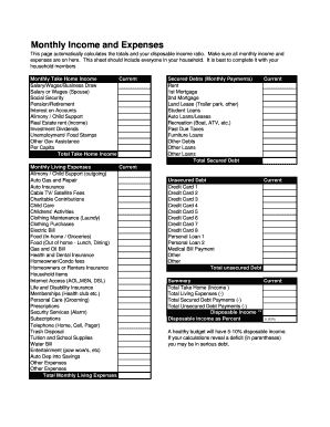 Monthly Income and Expenses Worksheet