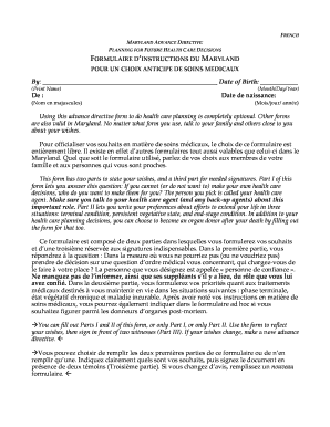 FORMULAIRE D’INSTRUCTIONS DU MARYLAND POUR UN CHOIX ANTICIPE DE SOINS MÉDICAUX