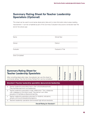 Teacher Leadership Specialist Evaluation Summary Rating Sheet