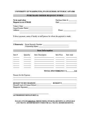University of Washington Purchase Order Request Form