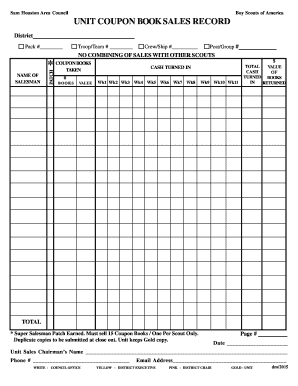 Boy Scouts Unit Coupon Book Sales Record