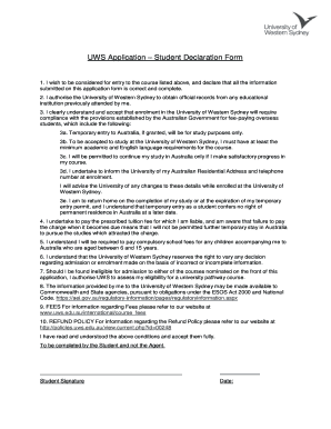 UWS Application – Student Declaration Form