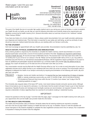 Denison University Health Inventory Form