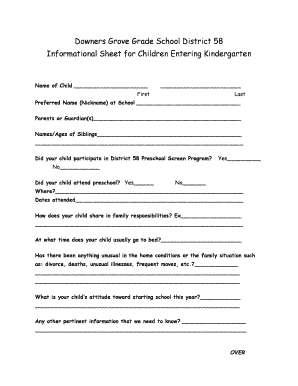 Kindergarten Information Sheet