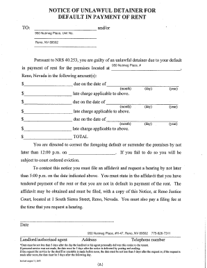 Notice of Unlawful Detainer for Default in Payment of Rent