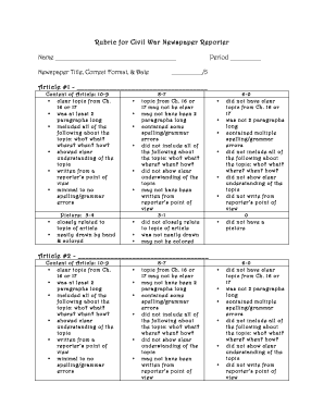 Civil War Newspaper Reporter Rubric