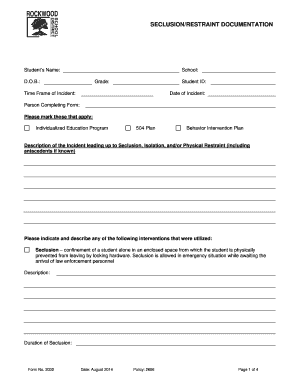 Seclusion and Restraint Documentation Form