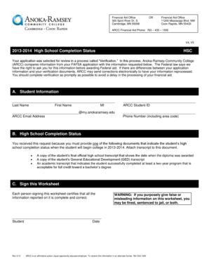 ARCC Verification Form for High School Completion Status