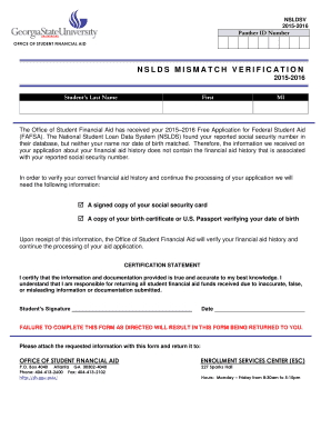 NSLDS Mismatch Verification Form