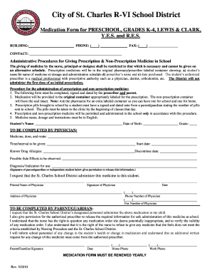 Medication Form for Preschool and Grades K-4