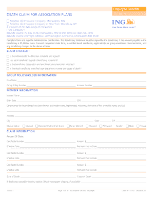 Death Claim Form for Association Plans