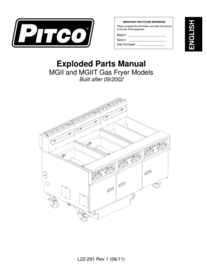 Pitco MGII Gas Fryer Exploded Parts Manual