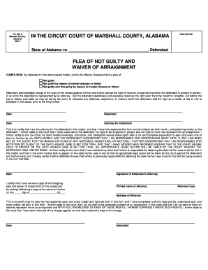 Alabama Plea of Not Guilty and Waiver of Arraignment