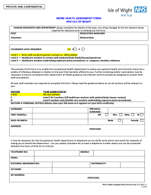 NHS Work Health Assessment Form
