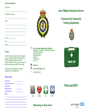 Isle of Wight Ambulance Service First Aid Order Form