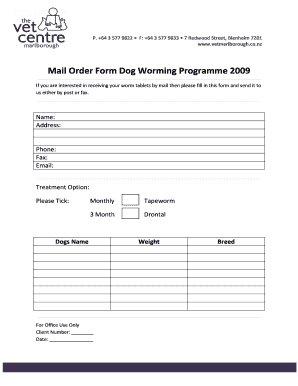 Dog Worming Programme Mail Order Form