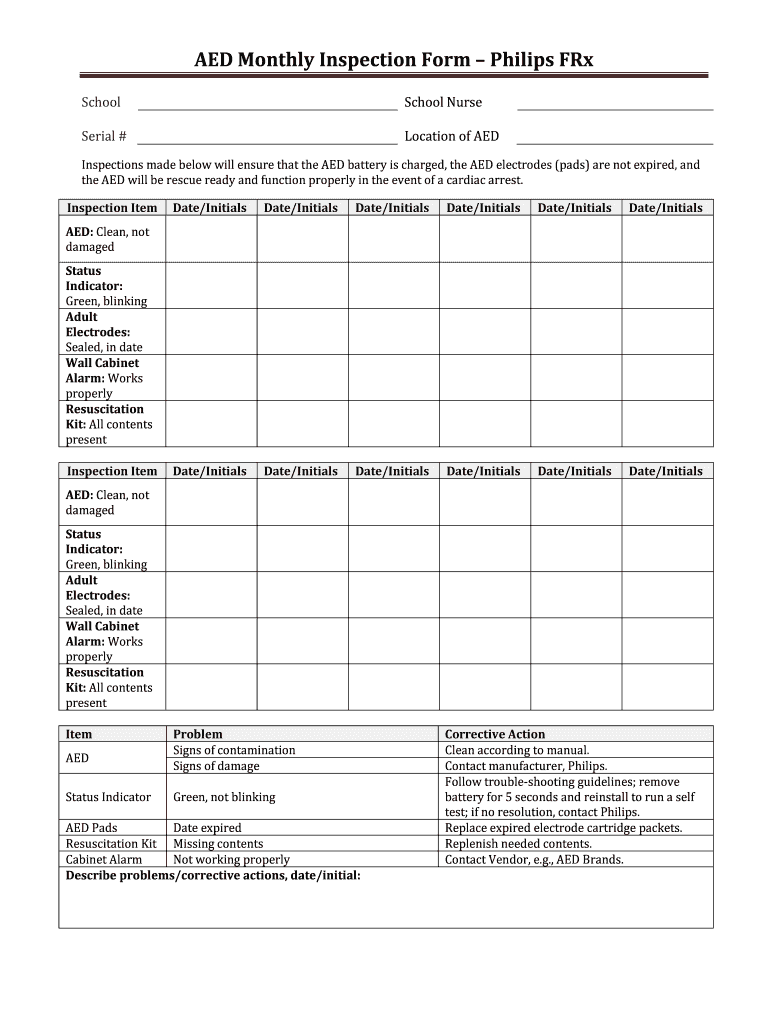Printable Aed Inspection Checklist Printable Templates