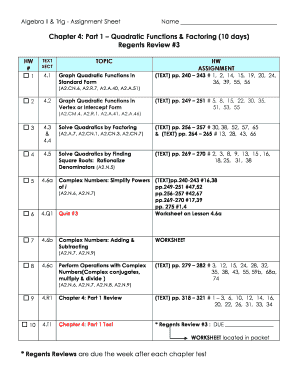 Algebra II & Trigonometry Assignment Sheet