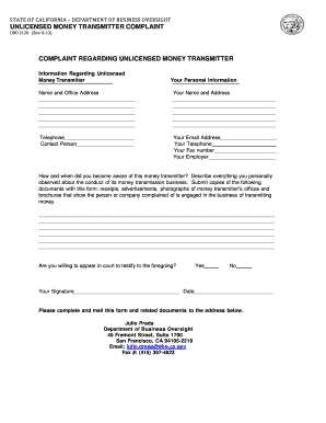 California Unlicensed Money Transmitter Complaint Form
