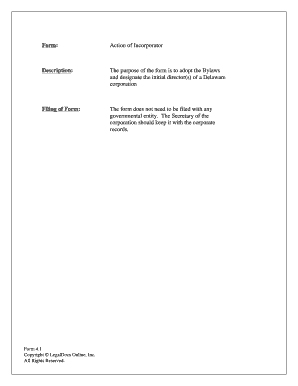 Delaware Corporation Action of Incorporator