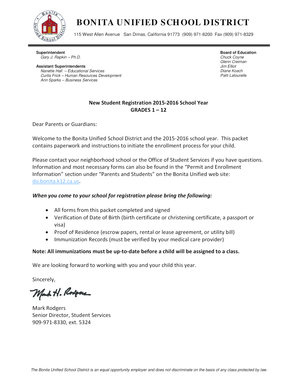 Bonita Unified School District New Student Registration Form