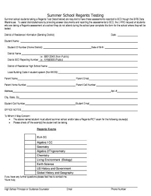 Summer School Regents Testing Form