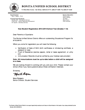 Bonita Unified School District New Student Registration Form