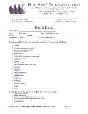 Dermatology Health History Form