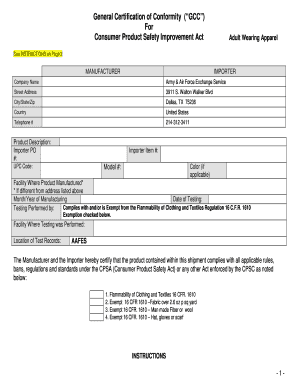 General Certification of Conformity for Adult Wearing Apparel