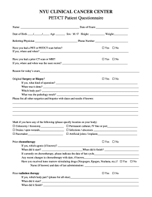 NYU Clinical Cancer Center PET/CT Patient Questionnaire