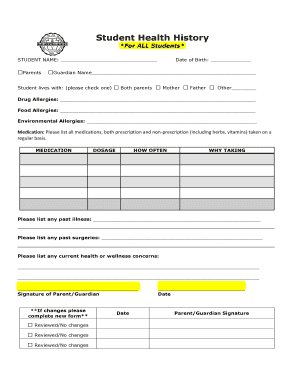 Student Health History Form