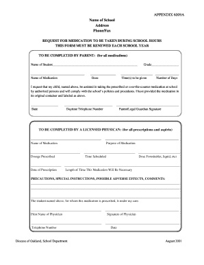 Request for Medication During School Hours
