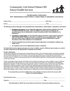 Parent Authorization for Student Asthma/Epinephrine Self-Administration