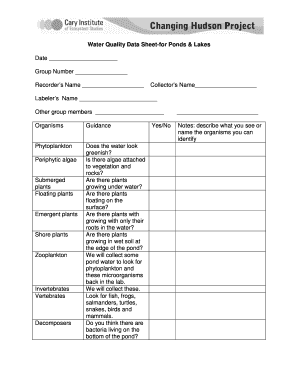 Water Quality Data Sheet for Ponds and Lakes